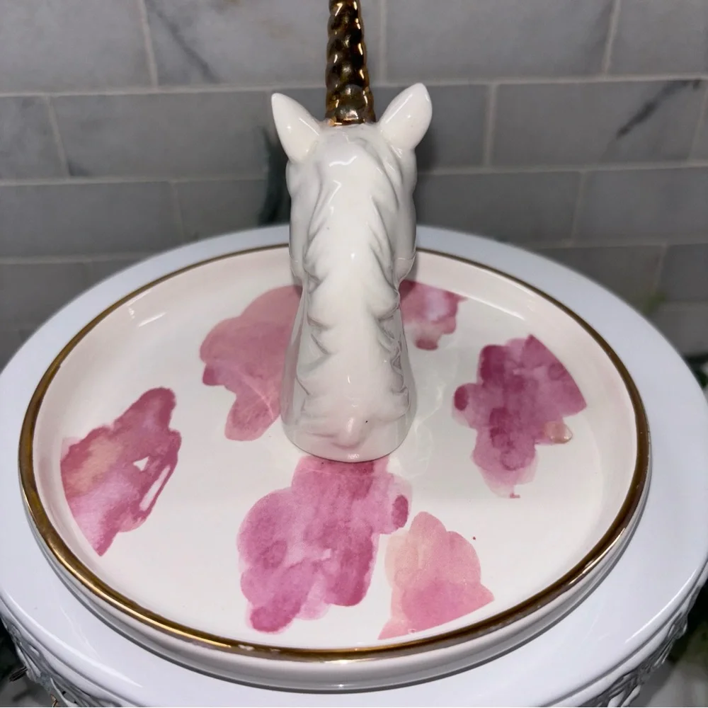 Unicorn Ring Bowl Trinket Tray – White with Gold Horn and Pink Accents